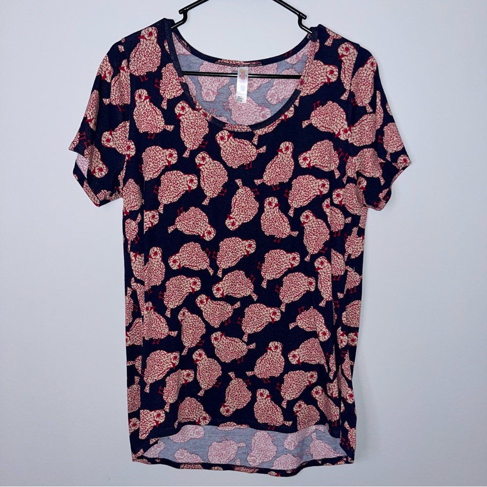 LuLaRoe Navy and Red Bird Pattern Short Sleeve Top